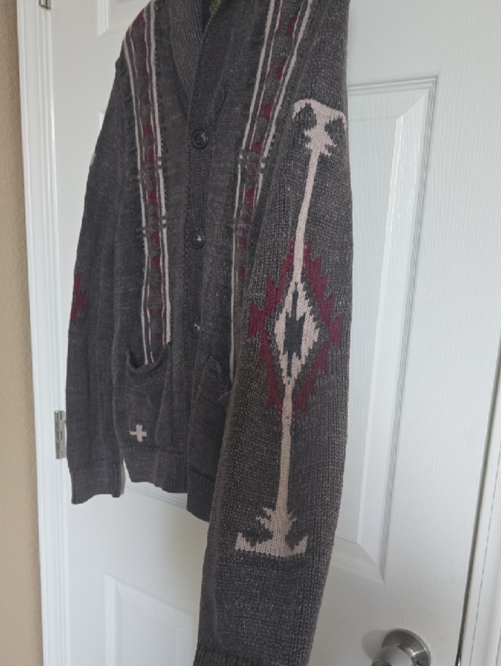 Lucky Brand Gray Shawl Collar Cardigan with Maroon Trim - Picture 4 of 5